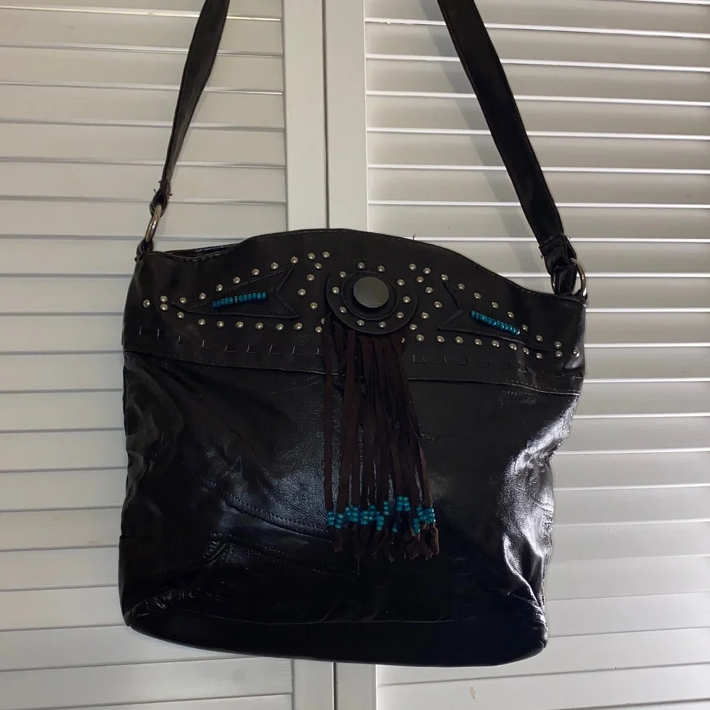 Western Cowgirl-Bohemian Brown with Turquoise Beads-Fringe Studded Crossbody